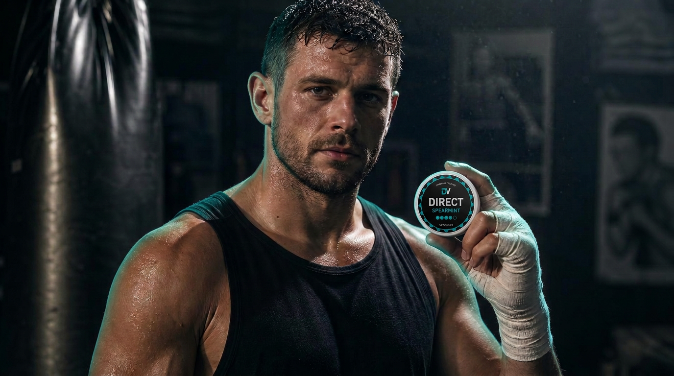 Adult boxer in a dark gym holding a Direct tin