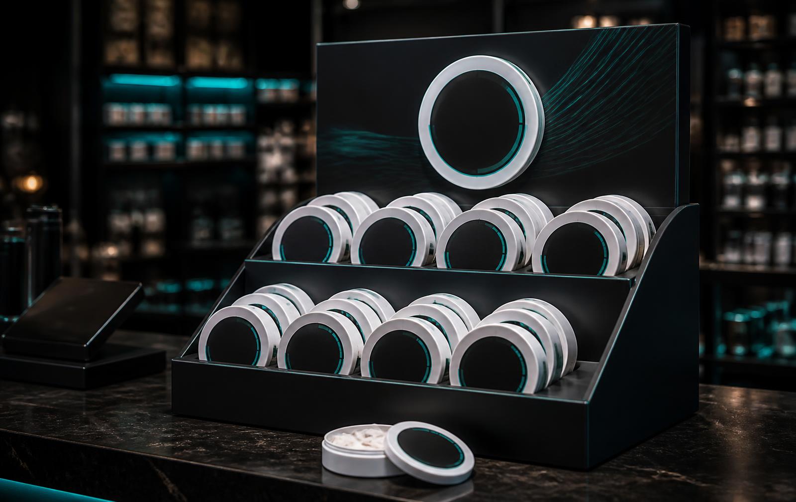 Direct tins merchandised in a premium counter display unit